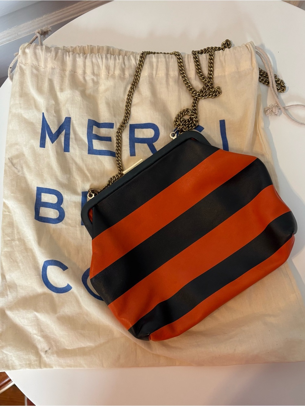 RARE Clare V Flore—Italian Leather in Navy and Orange Stripe - Picture 2 of 10